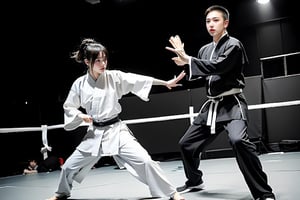 A woman wearing black kung fu costume and a woman wearing black and white kung fu costume are standing on the competition stage preparing for a kung fu sparring match. Their eyes should meet. There are many spectators in the background.多人,milokk