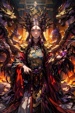 1 girl, long hair, purple hair, Qing Dynasty aristocratic female hair accessories are very gorgeous, covered with various gems and gold, sitting on a dragon chair, dragon, dragon tail, scales, behind there is a purple oriental dragon, huge dragon wings , black dragon horns, sharp claws, grasping this purple-light night pearl, red sky, black clouds, gorgeous red background, with gold-rimmed embroidered phoenix Hanfu, long sleeves with black water on the cuffs, the moon, a palace full of flames, buildings, East Asian Architecture Forbidden City, Oriental Dragon, Empress Dowager Cixi, purple eyes, luminous pearls on the palm covered with purple flames, surrounded by a large number of golden jewels, the whole body is filled with purple evil spirit, nodf_lora
(Long straight purple and black hair, with bangs), (obviously purple eyes)
,清朝,多人