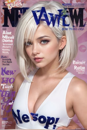 1girl, solo, upper body, white hair, lips, traditional media, reality, pop idol magazine, title font "New Lora Is Coming", attractive cover with beauty characters,jpop cover 80s