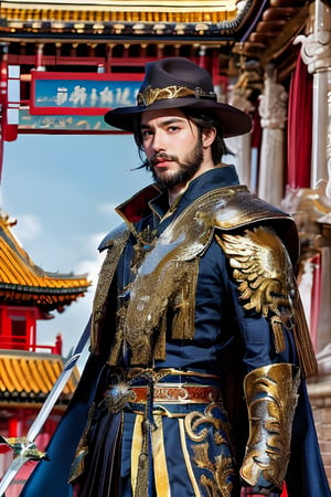 solo, 1boy, hat, weapon, male focus, sword, cape, facial hair, beard, mustache, architecture, east asian architecture