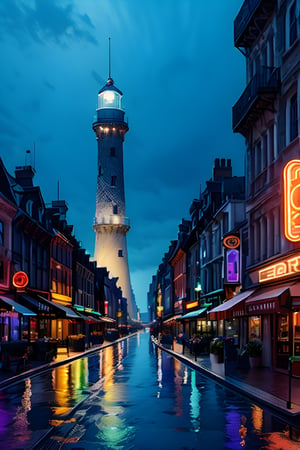 The splendid city landscape is decorated with various rare minerals and the lighthouse emits neon light.