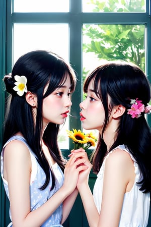 2 girls, black hair, 鄰家女孩,full_body,Female students are blowing air by the window, holding a flower in their hands and arranging each other's hair with their hands