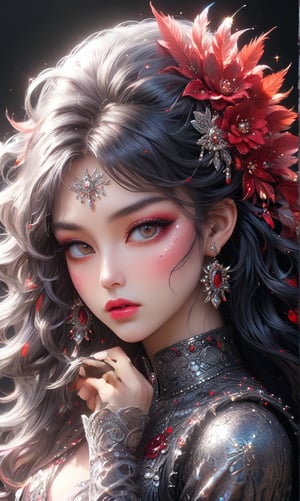 Create a highly detailed and realistic digital painting of a woman with an elaborate and intricate headdress. sparkle eyes, The headdress should be adorned with metallic elements, feathers, and vibrant red flowers. The woman should have long, flowing black hair and wear a matching ornate armor-like outfit. Her expression should be serene and regal, with subtle makeup emphasizing her eyes and lips. The overall style should be a blend of fantasy and steampunk, with a focus on fine details and textures.