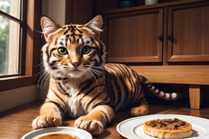Tiger fusion cat, cat with high proportion, cute, facing the camera, soft fur, kitten, drinking milk from the plate