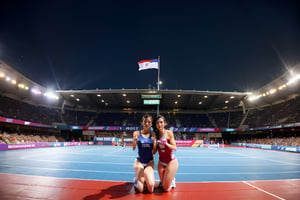 The winning moments of the Paris Badminton Doubles 2024. In the background is a standing ovation from the stadium crowd. (Audience with blurred background) (Badminton court theme) The 2024 Olympic Games logo is hung on the wall. The two of them held badminton rackets tightly in their hands. Kneel down on your knees and look up to the sky and shout. Chinese Taipei Olympic flag flutters. Touching moment.