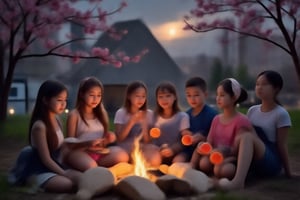 A group of cute children circled around the campfire, with mooncakes and grapefruit beside them. The full moon at night was very bright and beautiful, and the cherry blossoms next to them were raining down flowers.