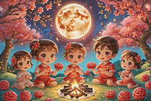 A group of cute children circled around the campfire, with mooncakes and grapefruit beside them. The full moon at night was very bright and beautiful, and the cherry blossoms next to them were raining down flowers.

