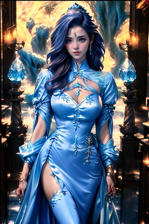 The teenage sorceress in a fantasy style utilizes ice-based magic, her face is remarkably lifelike, resembling a bit of a Japanese or Korean female celebrity, accompanied by a large ice dragon. Her magic staff is a silver ice crystal with a blue gem atop it. She wears a white robe adorned with icy patterns. Her hair is a light shade of blue, and her eyes are deep blue. Her expression remains calm as she has just discovered a mysterious cave.Masterpiece, High Quality, High Detail, Top Quality, Hi-Res, HD, 16k, 8k, 4K, Award-Winning BREAk, Realism, Depth of Field, Cinematic Lighting, Backlight, Symmetry, Bokeh, f/1.8, Eye Level Shot, 35mm, Very Delicate and Beautiful, Very Detailed, Amazing, Fine Detail, Masterpiece, Best Quality, Official Art, Absurd, Incredibly ridiculous, Ultra detailed, High Definition, Very detailed, Beautiful cute girl, (Cowboy Shot: 1.25), Break, Wavy Hair , Very detailed eyes and face, Beautiful detailed eyes, Face light, 18 years old, (golden yellow long straight hairstyle: 1.2), detailed hair, (slender: 1.15), perfect anatomy, perfect proportions, (waterfall background: 1.25), detailed background, (looking at the viewer, facing the viewer: 1.15), ((seductive model pose)), (((dynamic pose))), cinematic lighting, ,Mecha body, conan style dress, Nice legs and hot body, More Detail, blue eyes, red lips, seductive smile,Fashion cheongsam