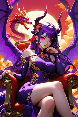 (score_9, score_8_up, score_7_up), 1 girl, long hair, black hair, Qing Dynasty aristocratic female hair accessories are very gorgeous, covered with various gems and gold, sitting on a dragon chair, dragon, dragon tail, scales, behind there is a purple oriental dragon, huge Dragon wings, black dragon horns, sharp claws, grasping this purple luminous night pearl, red sky, black clouds, gorgeous red background, matching gold silk embroidered phoenix Hanfu, black water long sleeves at the cuffs, the moon, the palace is full of flames, Buildings, East Asian Architecture Forbidden City, Eastern Dragon, Empress Dowager Cixi, purple eyes, luminous pearls on the palms filled with purple flames, surrounded by a large number of golden jewels, the whole body is filled with purple evil spirit, nodf_lora
(Long straight purple hair with bangs), (obviously purple eyes)
Use 3D cartoon representation