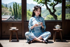 During the Republic of China, girls sat on wooden chairs in teahouses and drank tea from a set of blue and white porcelain teacups. While listening to a lady wearing a cheongsam playing the pipa next to her, there was a lady also wearing a white cheongsam playing. wooden flute,full body