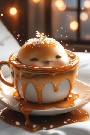 Cute little pudding, very comfortable to lie down and sleep in, cup shape, with melted caramel, semi-liquid flow down