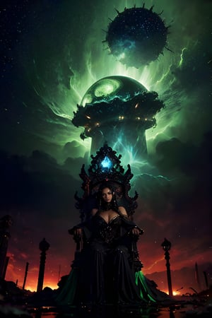 A plump girl lay lazily on a throne made of tentacles. She supported her head on one hand, her eyes half-closed. Fluorescent green eyes sparkled in the darkness, contrasting sharply with her all-black skin and the streaks radiating from her body. Her body is translucent, revealing the glow of a huge red core on her chest. The internal forces are constantly splitting and merging, releasing powerful destructive power. Azathoth.

Surrounded by countless invisible dancers, they play invisible flutes to an unsettling monotony. These chaotic voices are trying to maintain Azathoth's calm.

It all takes place against a turbulent backdrop: volcanic eruptions, thunder and blizzards combine to create a scene that is both chaotic and mysterious.