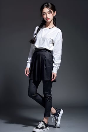 1girl, long hair, looking at viewer, smile, skirt, simple background, shirt, black hair, long sleeves, 1boy, standing, full body, braid, shoes, pants, black skirt, grey background, black footwear, twin braids, black pants, blue shirt,清末,民初