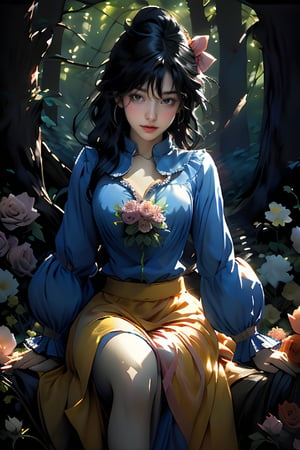 Snow White stands confidently in a serene forest setting, eyes closed as if savoring the peaceful atmosphere. Her short black hair is styled with bangs framing her face. She wears a blue shirt with puffy sleeves and a yellow skirt that falls just above her knees. Her legs are long and slender, ending in high heels adorned with cute little animals. A pink bow headband sits atop her head, tied neatly around her forehead. A rose blooms at her feet as she holds a basket filled with flowers. Her short sleeves reveal toned arms, and her shirt showcases a subtle rise of cleavage. Soft makeup enhances her features, and her gradient lips curve into a gentle smile. The ambient light casts a warm glow over the scene, highlighting her perfect skin and detailed fingers.