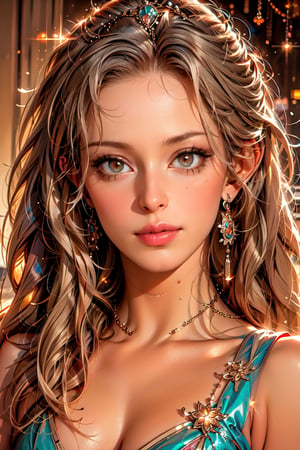 masterpiece, animation style, very detailed, HD, 1girl, solo, elf, elf ears, silver tiara, long hair, feathers, jewelry, white hair, gradient hair, gems, lips, glitter particles background, bokeh, masterpiece , best quality, 16k, ultra-detailed, detailed, high resolution, perfect dynamic composition, detailed eyes, emerald green eyes, cinematic lighting, detailed background, depth of field, perfect proportions, ultra-detailed skin, clear Skin, wind blowing hair, full body, desert background, rune text on body