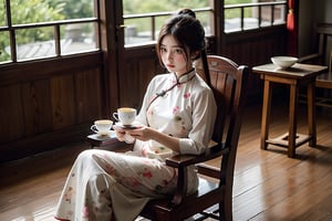 During the Republic of China, girls drank tea from porcelain cups in a teahouse, sitting on wooden chairs. Next to them, a lady in cheongsam played the pipa.full body