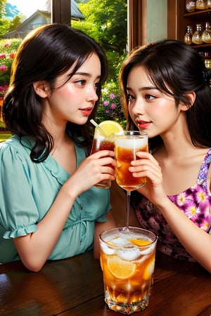 2 girls, looking at each other, smiling, dark hair, girl next door, full_body, drinking butterfly pea flower drinks and Cold beer with lots of ice cubes in a beverage shop, a dining table, better hands, with a sunny garden outside the window in the background