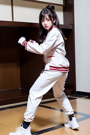 1girl, solo, looking at viewer, black hair, long sleeves, brown eyes, standing, jacket, full body, shoes, pants, indoors, lips, chinese clothes, white footwear, white jacket, fighting stance, white pants,鄰家女孩,realhands,功夫裝