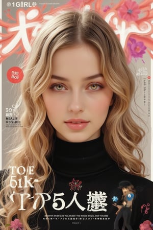 1girl, solo, upper body, white hair, lips, traditional media, reality, pop idol magazine, title font "50K reached", attractive cover with beauty character, jpop cover 80s, blonde mature woman smile, brown curly hair beauty