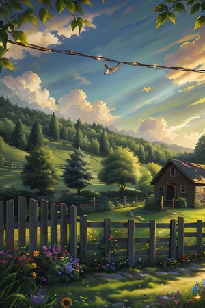 A sunny summer afternoon, a verdant garden in focus, with a wooden fence and lush greenery. A power line stretches across the top of the frame, supporting multiple wire baskets where a chattering sparrow perches, its tiny feet gripping the wires as it takes flight, sunlight casting a warm glow on its feathers.
