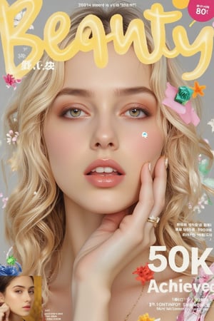 1girl, solo, upper body, white hair, lips, traditional media, reality, pop idol magazine, title "50K Achieved" in eye-catching font, attractive cover with beauty character, jpop cover 80s, blonde mature woman's smile, Brown curly hair beauty