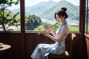 During the Republic of China, girls sat on wooden chairs in teahouses and drank tea from a set of blue and white porcelain teacups. While listening to a lady wearing a cheongsam playing the pipa next to her, there was a lady also wearing a white cheongsam playing. wooden flute,full body