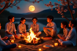 A group of cute children circled around the campfire, with mooncakes and grapefruit beside them. The full moon at night was very bright and beautiful, and the cherry blossoms next to them were raining down flowers.

Perfect Skin, (RAW Photo, Best Quality), (Real, Photo Real: 1.3), Best Quality, Masterpiece, Beauty & Aesthetics, 16K, (HDR: 1.4), High Contrast, (Vivid Colors: 1.4), ( Silent Colors, Dull Colors, Soothing Tone: 0), Cinematic Lighting, Ambient Lighting, Side Lighting, Fine Details and Textures, Cinematic Lenses, Warm Colors, Full Body (Bright and Intense: 1.2), (Masterpiece, Top Quality , Best Quality, Official Arts, Beauty & Aesthetics: 1.2), HDR, High Contrast, Wide Angle Lens (Highly Detailed Skins: 1.2)