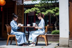 During the Republic of China, girls sat on wooden chairs in teahouses and drank tea from blue and white porcelain teacups, while listening to a lady in cheongsam playing the pipa next to them.full body