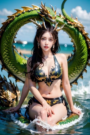 The girl holds a flute, has dragon horns on her head, dragon claws on her hands, dragon teeth, water waves, whirlpools, all over her body, and rides on a Chinese green dragon美女