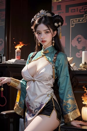 1girl, long hair, black hair, Qing Dynasty empress hair ornament, standing, wings, horns, red sky, clouds, gorgeous purple Hanfu with gold rim, moon, fire, claws, dragon, dragon tail, scales, architecture, East Asian architecture Forbidden City, Two ferocious dark purple oriental dragons spit out purple flames. Empress Dowager Cixi has purple eyes. She holds a luminous pearl (cyan transparent) in one hand and is surrounded by a ball of purple flames. She has many gold jewelry on her body. She has a Chinese-style female crown, big breasts, and dark purple. Peony flower hair accessories,Nice legs and hot body

(long straight black hair with bangs), looking at viewer, (clearly purple eyes), longfade eyebrow,  make up, ombre lips,(huge breasts), busty body, flirting to customer, frosty, (beauty salon theme:1.5), finger detailed, background detailed, ambient lighting, extreme detailed, cinematic shot, realistic illustration, (soothing tones:1.3), (hyperdetailed:1.2), masterpiece,no Excessive text and watermark,Legs crossed normally,Normal feets,normal nipples,Normal body,normal limbs ,nodf_lora,Nice legs and hot body,女孩,清朝