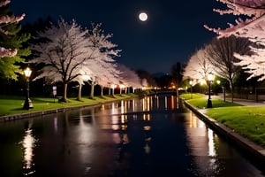 On a night with cherry blossoms in the rain, a bright moon appeared, reflected in the clear lake water