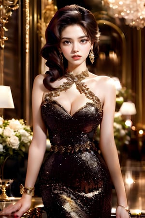 A middle-aged lady who is fashionably dressed and well-maintained, with a good figure and a luxurious temperament.