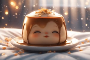 Cute little pudding, very comfortable to lie down and sleep in, cup shape, with melted caramel, semi-liquid flow down