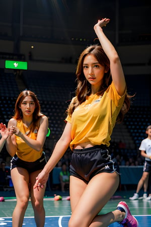 The image depicts a triumphant moment in a badminton match, Paris 2024. The victorious player, wearing a yellow shirt and black shorts, knelt on the court and raised his arms in celebration, while another teammate lay on the court and was moved by his mission, wearing similar clothes. The background shows spectators in a stadium, all standing and applauding. The court is marked by a white line, surrounded by purple and green. The two of them held badminton rackets tightly in their hands. Chinese Taipei Olympic flags were waved around. Touching moments.