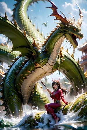 The girl holds a flute, has dragon horns on her head, dragon claws on her hands, dragon teeth, water waves, whirlpools, all over her body, and rides on a Chinese green dragon美女