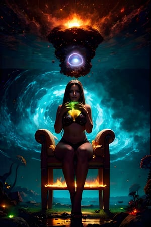 A plump girl lay lazily on a throne made of tentacles. She supported her head on one hand, her eyes half-closed. Fluorescent green eyes sparkled in the darkness, contrasting sharply with her all-black skin and the streaks radiating from her body. Her body is translucent, revealing the glow of a huge red core on her chest. The internal forces are constantly splitting and merging, releasing powerful destructive power. Azathoth.

Surrounded by countless invisible dancers, they play invisible flutes to an unsettling monotony. These chaotic voices are trying to maintain Azathoth's calm.

It all takes place against a turbulent backdrop: volcanic eruptions, thunder and blizzards combine to create a scene that is both chaotic and mysterious.