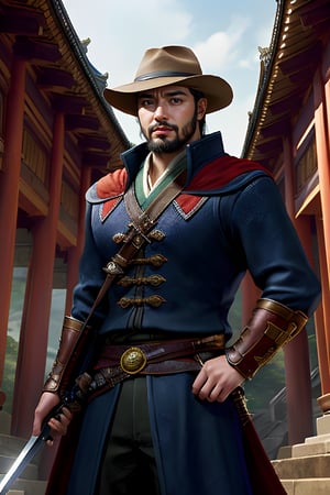 solo, 1boy, hat, weapon, male focus, sword, cape, facial hair, beard, mustache, architecture, east asian architecture