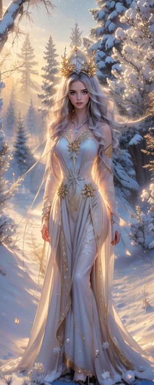 A breathtaking winter wonderland scene: a stunning goddess-like woman stands in a snow-covered field, her mature figure illuminated by the soft glow of morning light and ice. Her long fur cloak flows behind her like a river of white silk, adorned with sparkling white pearl embellishments that shimmer in the frosty air. Randomly, her hair cascades down her back like a golden waterfall, framing her face with its natural waves. Her eyes, a random color, sparkle like diamonds as she gazes directly into the camera, exuding confidence and power. The snowflakes gently fall around her, each one unique and delicate, as if choreographed just for this moment. The trees in the background stand tall, their branches heavy with snow, creating a serene and peaceful atmosphere. The subject's perfect proportions, beautiful body, and detailed features come together to create a jaw-dropping masterpiece that exudes perfection in every way.