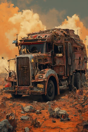 Masterpiece, professional, award-winning, intricate details, ultra high detailed, Create a shirt design with a Rusty Peterbilt truck full of chains and metal spikes in the style of Mad Max, vehicle focus, driving in desert,ek_art_b00ster,anime,illustrated,FluxBoost,myvectorillustrations