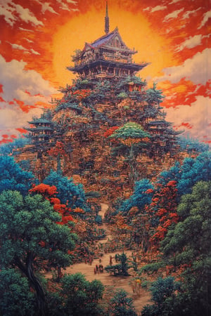 (Illustration, ukiyo-e, vivid, colorful, high contrast shadow and light masterpiece, oriental castle, sun, majestic, hyperrealistic painting, intricate, high detail, sharp focus, realism, bright. Resplendent, detailed background, it It has to be anything but ordinary, it has to have a very complex structure, it has to have a very high degree of randomness, it has to be an image that no one has seen before, it has to be very original, it has to have huge details, it has to be art of the highest order Quality, it must be ultimate, failure is not an option)