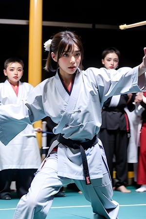 A woman wearing black kung fu uniform is performing martial arts on the ring. There are a lot of spectators in the background.,realhands