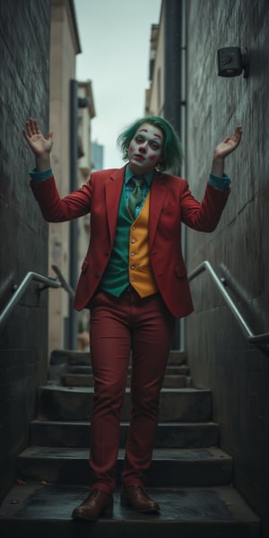 Score_9, rating_explicit, clown (2019 version) dancing downstairs in the stairwell
solo, green hair, shirt, long sleeves, 1girl, standing, jacket, full body, female focus, outdoors, open clothes, tie, shoes, collared shirt, pants, vest, raised arms, english text, cosplay, mask , imitation, brown shoes, formal, suit, red jacket, clasped hands, stairs, green shirt, green vest, red pants, green tie, photo background, clown, urban clown portrait with rainy Gotham city in the background, The picture should have an atmosphere that changes from sadness to joy, and a subtitle should appear next to the picture: "I once thought my life was a tragedy, but now I find that it is actually a comedy."