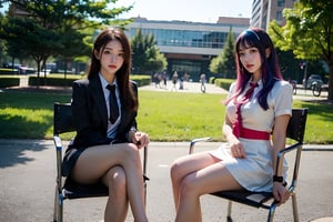Two cute schoolgirls in uniforms sitting on chairs in the park.
(long multi-colored hair, bangs), looking at the viewer, (obviously not dark eyes), long eyebrows, soft makeup, ombre lips, (huge breasts), plump body, long straight legs, sweet , fingers detailed, background detailed, ambient lighting, extremely detailed, cinematic shots, realistic illustrations, masterpiece, perfect skin,

Sun exposure, outdoor, quiet, normal feet, no redundant text and watermarks, beauty, masterpiece, real, realistic, cyberpunk ,鄰家女孩,cyber punk,美女
