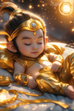 Cute little Sun Wukong, lying down and sleeping comfortably, next to him are a golden headband, a golden hoop and a golden battle armor.