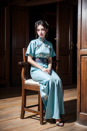 A woman wearing Qing Dynasty court dress sits on a wooden chair, indoors

(RAW photo, best quality), (realistic, photo-Realistic:1.3), best quality, masterpiece, beautiful and aesthetic, 16K, (HDR:1.4), high contrast, (vibrant color:1.4), (muted colors, dim colors, soothing tones:0), 
cinematic lighting, ambient lighting, sidelighting, Exquisite details and textures, cinematic shot, Warm tone, full body(Bright and intense:1.2), (masterpiece, top quality, best quality, official art, beautiful and aesthetic:1.2), 
hdr, high contrast, wideshot(highly detailed skin: 1.2),
sun exposure,outdoor,tranquility,                                                               
Normal feets
No missing limbs,no Excessive text and watermark,民國