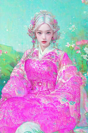 Best picture quality, high resolution, 16k, realistic, sharp focus, extreme picture quality, detailed face + eyes, casual pose, elegant, casual facial expression, realistic image of an elegant lady, no hair accessories, dark eyes , fractal art, bright colors, Korean beauty supermodel, pure white hair mixed with colorful hair tails, wearing Hanfu, wearing high-heeled sandals, radiant, perfectly customized gorgeous floral embroidery pattern suit, custom design, 1 girl, tense , looking at the audience, ,floral print,1girl,gongbiv,CLOUD,perfect