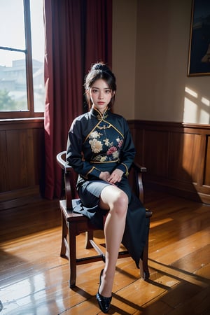 A woman wearing Qing Dynasty court dress sits on a wooden chair, indoors

(RAW photo, best quality), (realistic, photo-Realistic:1.3), best quality, masterpiece, beautiful and aesthetic, 16K, (HDR:1.4), high contrast, (vibrant color:1.4), (muted colors, dim colors, soothing tones:0), 
cinematic lighting, ambient lighting, sidelighting, Exquisite details and textures, cinematic shot, Warm tone, full body(Bright and intense:1.2), (masterpiece, top quality, best quality, official art, beautiful and aesthetic:1.2), 
hdr, high contrast, wideshot(highly detailed skin: 1.2),
sun exposure,outdoor,tranquility,                                                               
Normal feets
No missing limbs,no Excessive text and watermark,民國