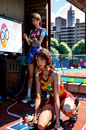 The winning moments of the Paris Badminton Doubles 2024. In the background is a standing ovation from the stadium crowd. (Audience with blurred background) (Badminton court theme) The 2024 Olympic Games logo is hung on the wall. The two of them held badminton rackets tightly in their hands. Kneel down on your knees and look up to the sky and shout. Chinese Taipei Olympic flag flutters. Touching moment.