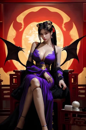 1girl, long hair, black hair, Qing Dynasty empress hair ornament, standing, wings, horns, red sky, clouds, gorgeous purple Hanfu with gold rim, moon, fire, claws, dragon, dragon tail, scales, architecture, East Asian architecture Forbidden City, Two ferocious dark purple oriental dragons spit out purple flames. Empress Dowager Cixi has purple eyes. She holds a luminous pearl (cyan transparent) in one hand and is surrounded by a ball of purple flames. She has many gold jewelry on her body. She has a Chinese-style female crown, big breasts, and dark purple. Peony flower hair accessories,Nice legs and hot body

(long straight black hair with bangs), looking at viewer, (clearly purple eyes), longfade eyebrow,  make up, ombre lips,(huge breasts), busty body, flirting to customer, frosty, (beauty salon theme:1.5), finger detailed, background detailed, ambient lighting, extreme detailed, cinematic shot, realistic illustration, (soothing tones:1.3), (hyperdetailed:1.2), masterpiece,no Excessive text and watermark,Legs crossed normally,Normal feets,normal nipples,Normal body,normal limbs ,nodf_lora,Nice legs and hot body