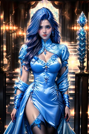 The teenage sorceress in a fantasy style utilizes ice-based magic, her face is remarkably lifelike, resembling a bit of a Japanese or Korean female celebrity, accompanied by a large ice dragon. Her magic staff is a silver ice crystal with a blue gem atop it. She wears a white robe adorned with icy patterns. Her hair is a light shade of blue, and her eyes are deep blue. Her expression remains calm as she has just discovered a mysterious cave.Masterpiece, High Quality, High Detail, Top Quality, Hi-Res, HD, 16k, 8k, 4K, Award-Winning BREAk, Realism, Depth of Field, Cinematic Lighting, Backlight, Symmetry, Bokeh, f/1.8, Eye Level Shot, 35mm, Very Delicate and Beautiful, Very Detailed, Amazing, Fine Detail, Masterpiece, Best Quality, Official Art, Absurd, Incredibly ridiculous, Ultra detailed, High Definition, Very detailed, Beautiful cute girl, (Cowboy Shot: 1.25), Break, Wavy Hair , Very detailed eyes and face, Beautiful detailed eyes, Face light, 18 years old, (golden yellow long straight hairstyle: 1.2), detailed hair, (slender: 1.15), perfect anatomy, perfect proportions, (waterfall background: 1.25), detailed background, (looking at the viewer, facing the viewer: 1.15), ((seductive model pose)), (((dynamic pose))), cinematic lighting, ,Mecha body, conan style dress, Nice legs and hot body, More Detail, blue eyes, red lips, seductive smile,Fashion cheongsam